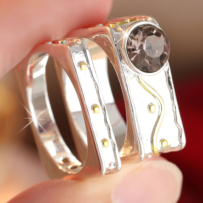 2pc Two-Tone Color Blocking Wide Ring Set for Women, Minimalist Style